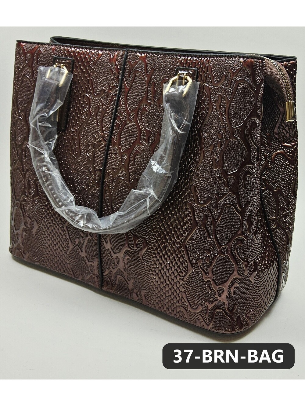 Brown Snake-Embossed Handbag with Gold Hardware